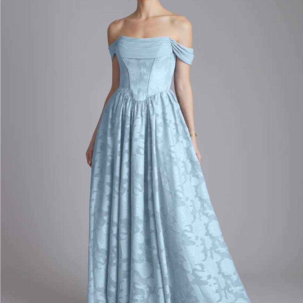 Azazie Raisa Sky Blue A-Line Off the Shoulder Floral Burnout Dress